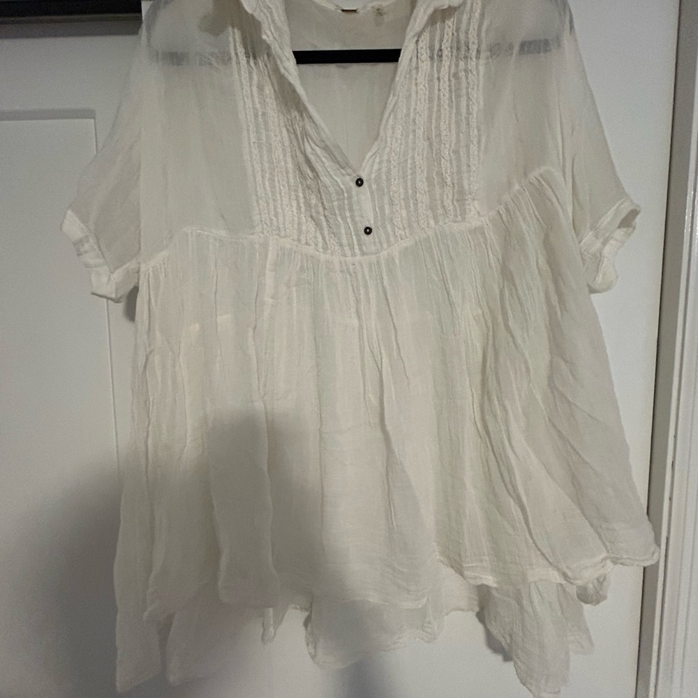Free People Cream Short Sleeve Bib Collar Blouse